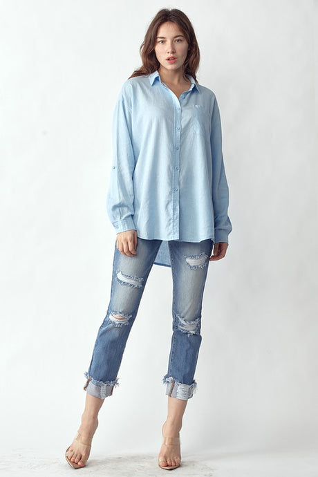 light blue, denim, button down, collared shirt, spring and summer essential, chambray, oversize, relax fit 