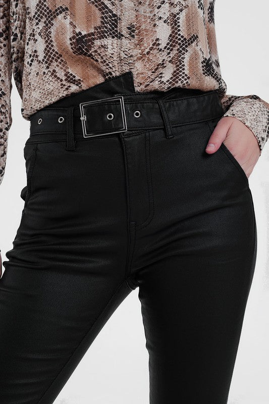 Wholesale Women's Leather Pants With Belt Black - 3668