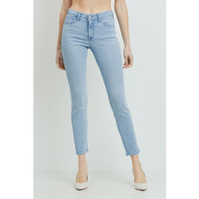 Load image into Gallery viewer, mid-rise, stretchy, skinny, light denim, jeans, spring essential, cotton, made in the USA, belt loops, five pockets, button, zip fly
