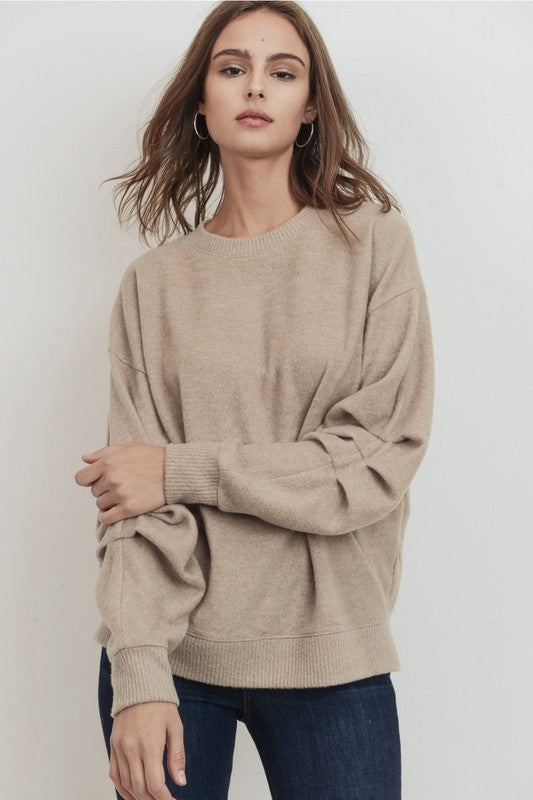 wool brush, pleated sleeves, taupe, light weight, pullover top