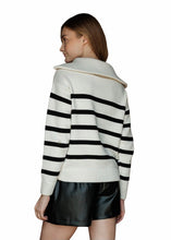 Load image into Gallery viewer, Off white with black stripped pullover sweater, high collared with half zip up, 100% cotton 
