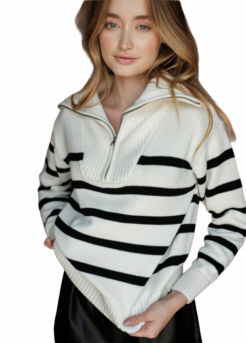 Off white with black stripped pullover sweater, high collared with half zip up, 100% cotton 